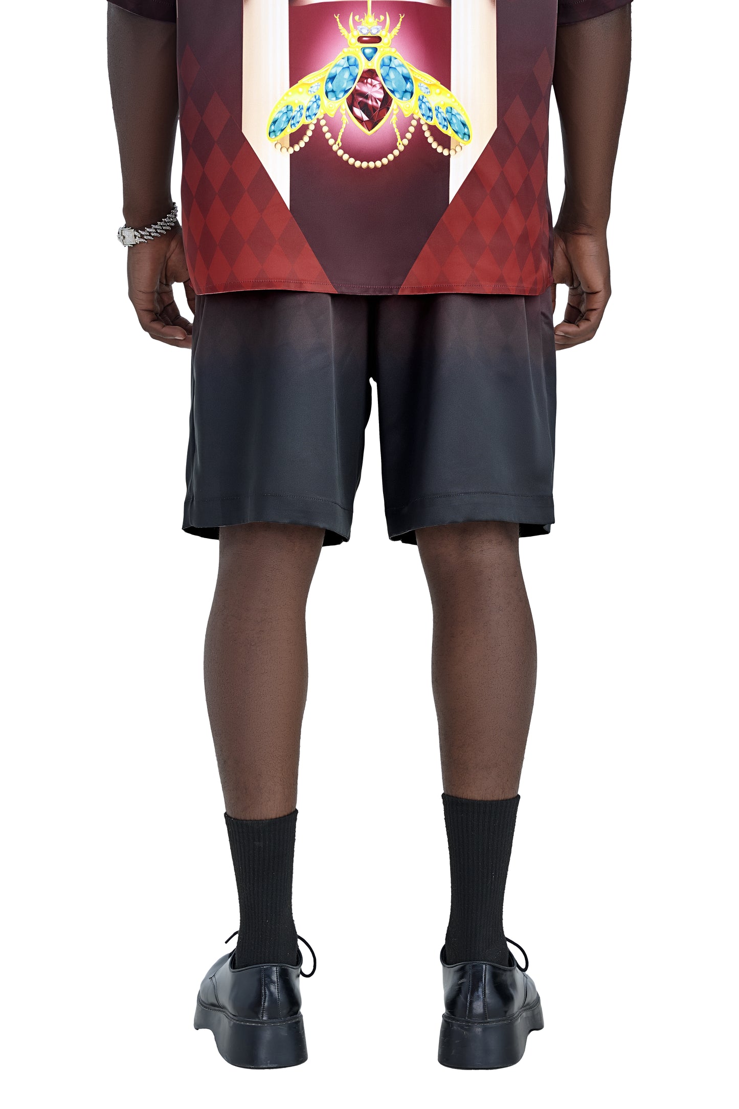 Phantom Silk Shorts | Printed Silk Taffeta - Card Iconography, Burgundy Fade