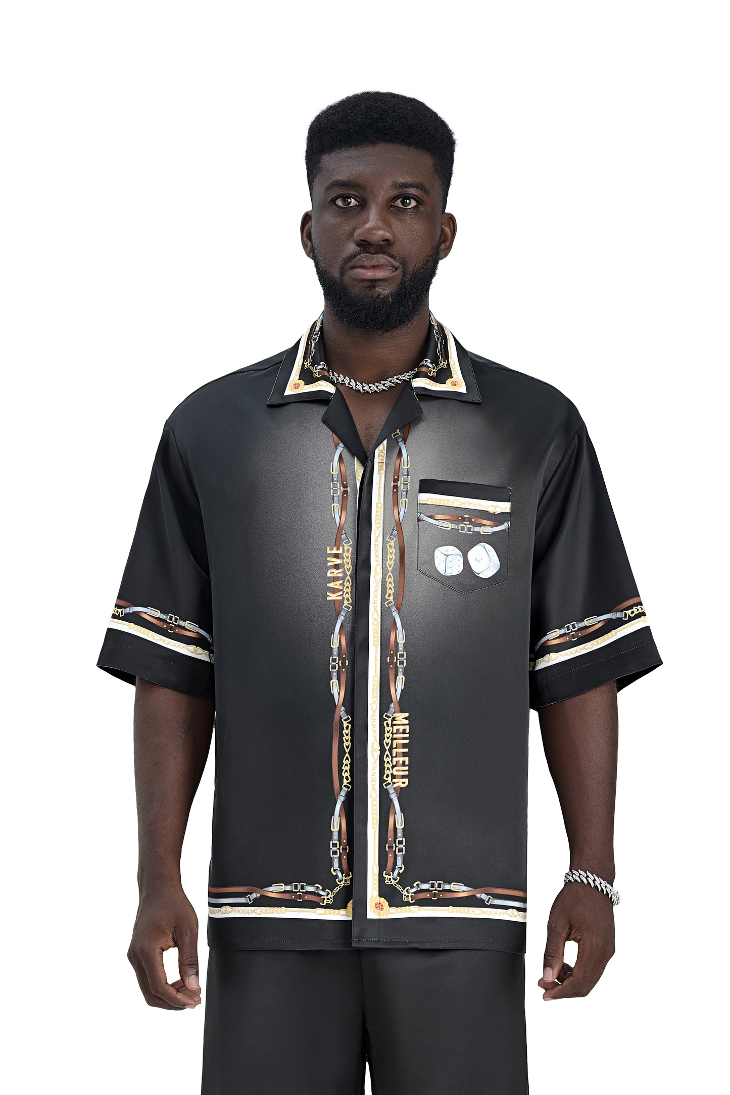 Black Ace Silk Shirt | Printed Silk Cuban Collar Short Sleeve Decadent Dice Game
