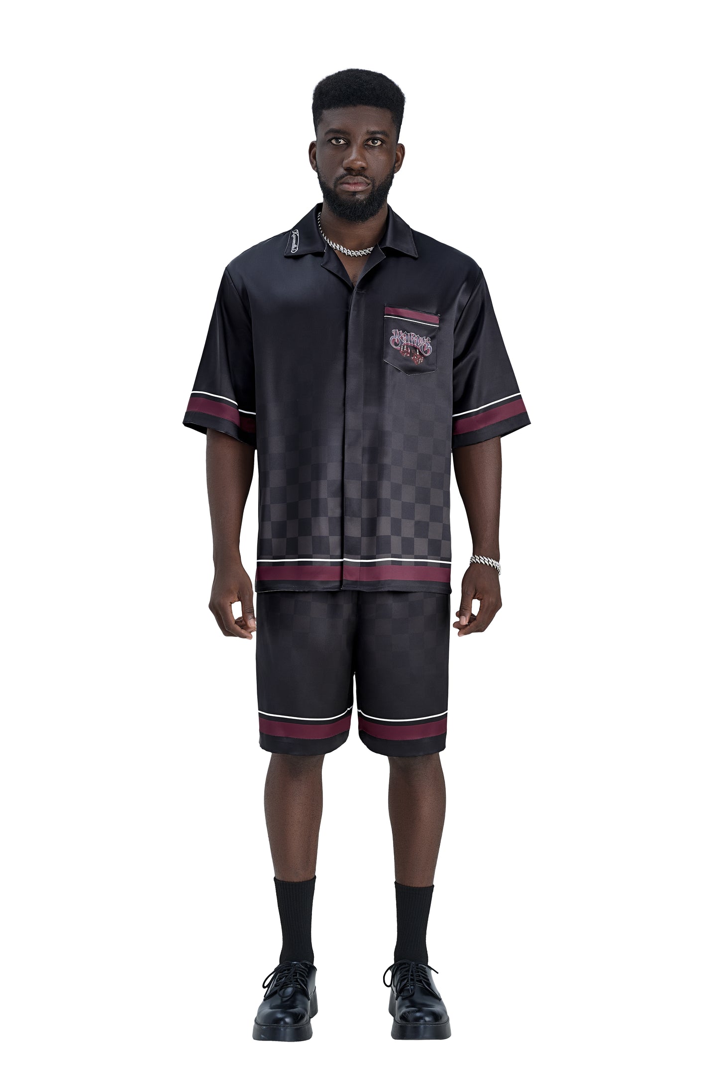 Lucky-K Silk Shorts | Printed Silk Relaxed Camp Collar Midnight Dice Checkerboard