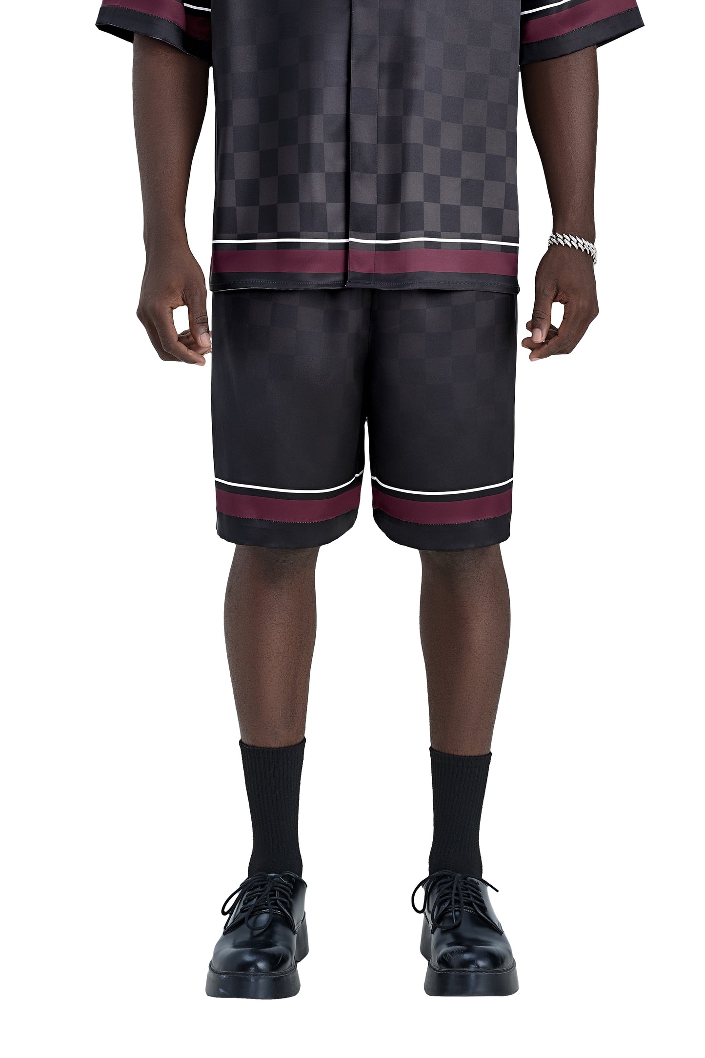 Lucky-K Silk Shorts | Printed Silk Relaxed Camp Collar Midnight Dice Checkerboard