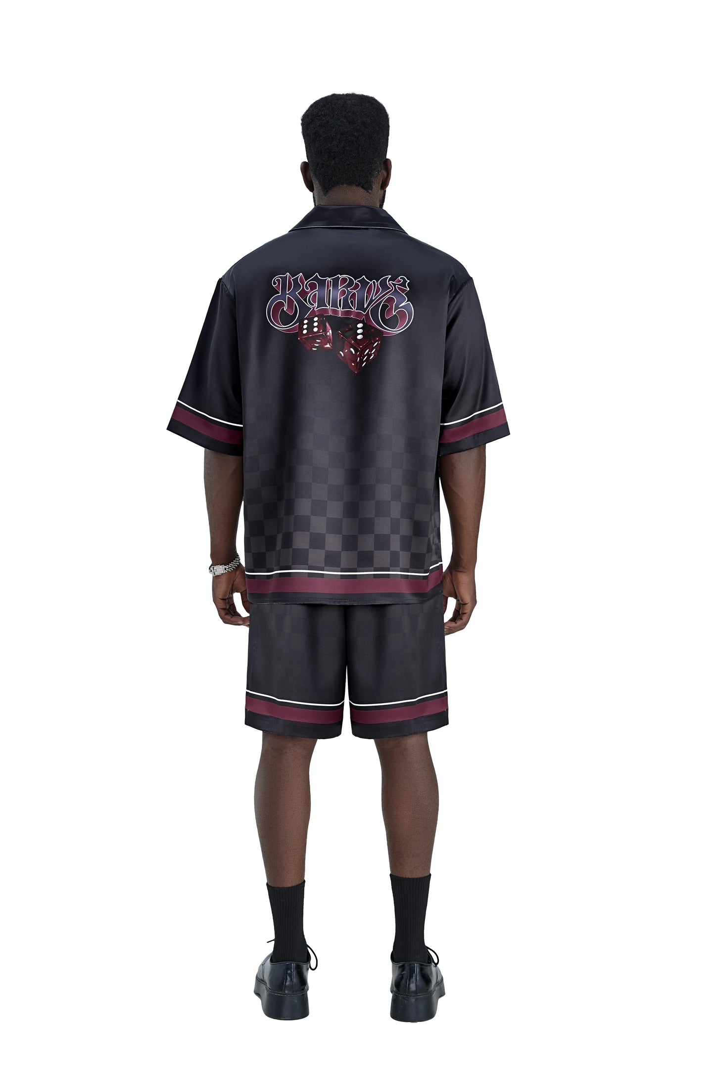 Lucky-K Silk Shorts | Printed Silk Relaxed Camp Collar Midnight Dice Checkerboard