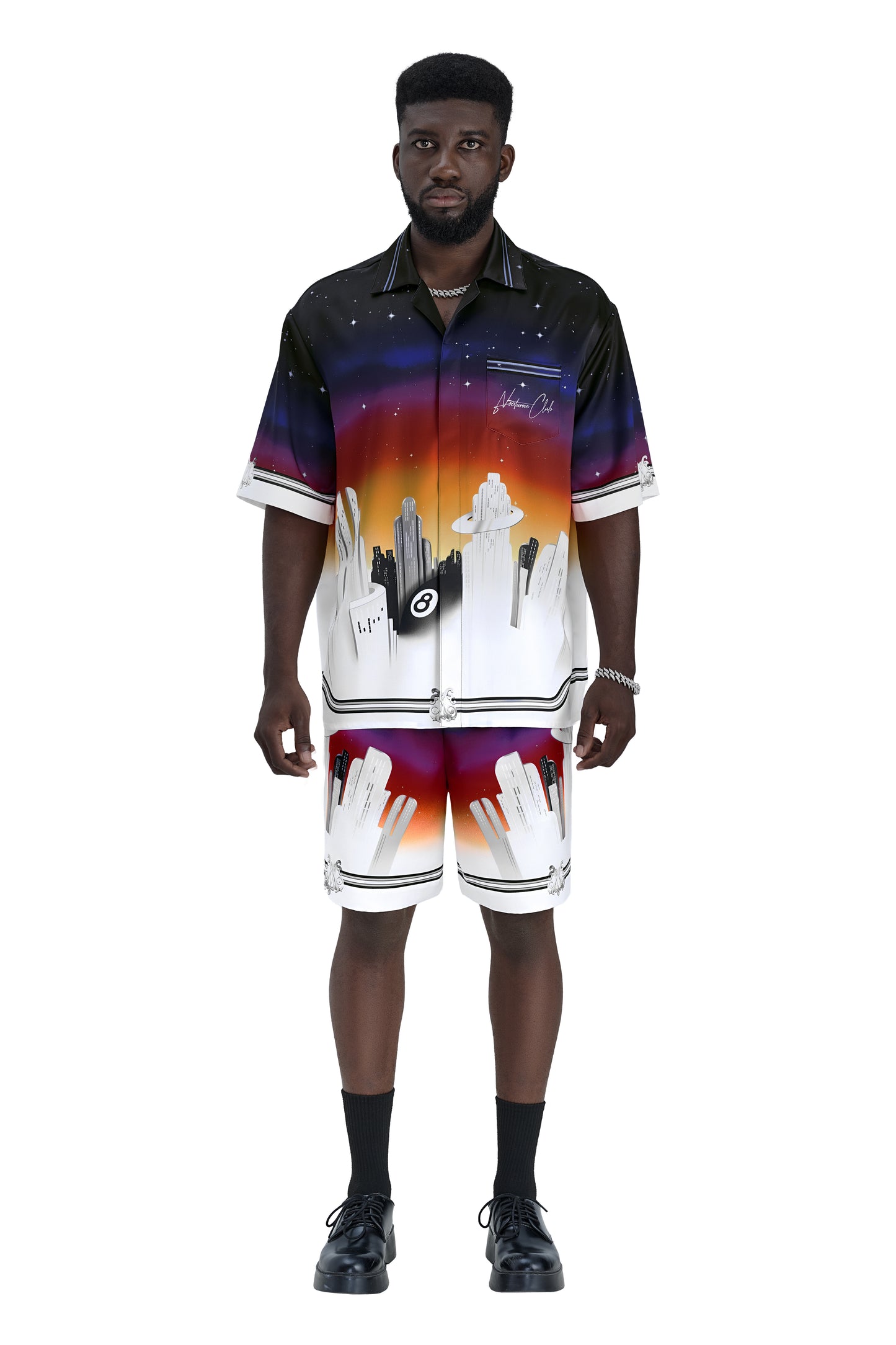 K City Silk Shorts | Premium Printed Silk Taffeta Futuristic Cityscape