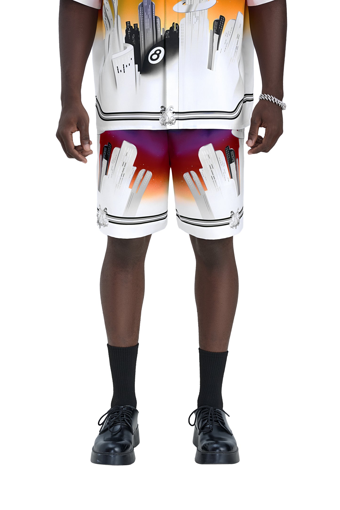 K City Silk Shorts | Premium Printed Silk Taffeta Futuristic Cityscape