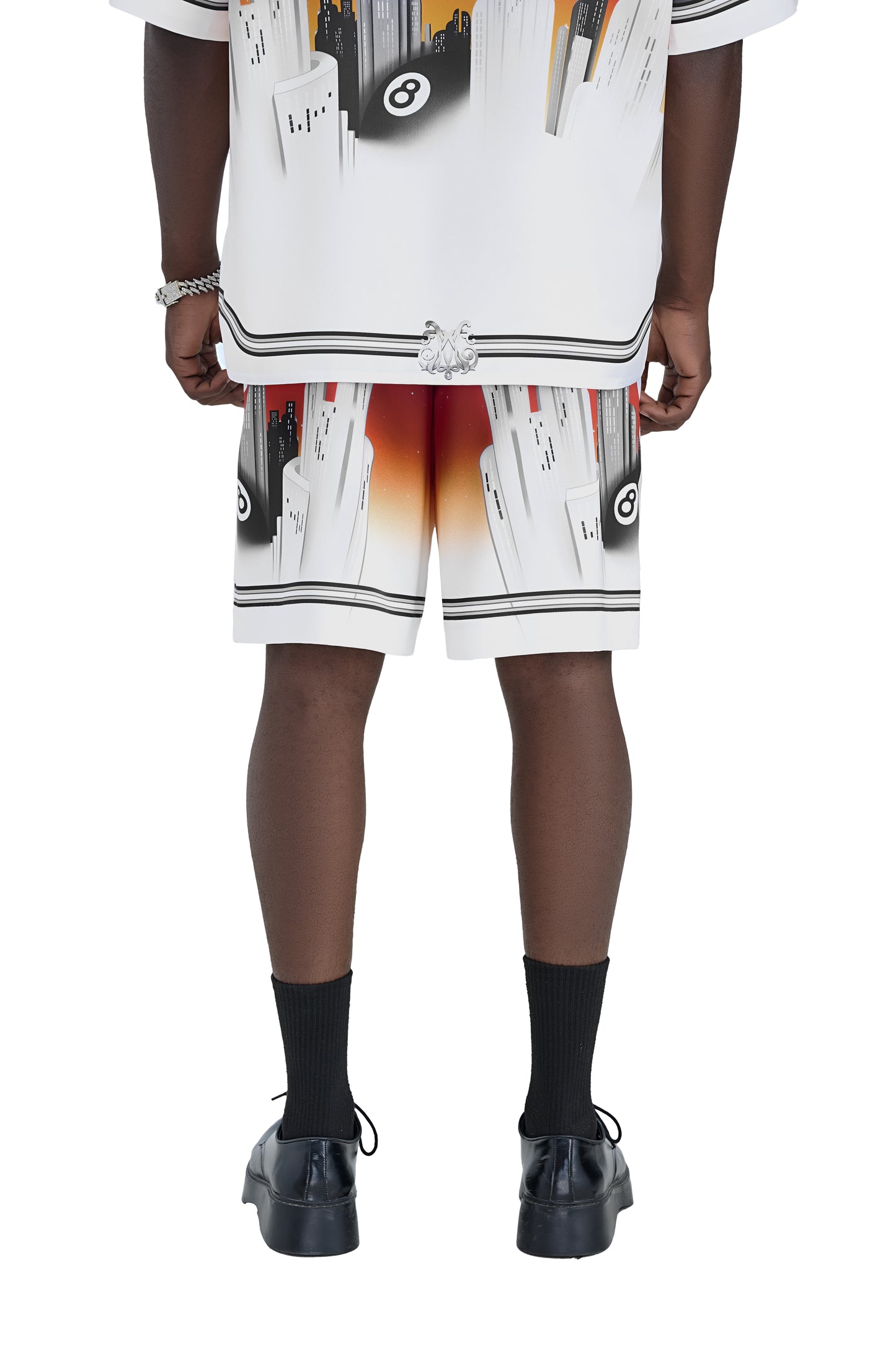 K City Silk Shorts | Premium Printed Silk Taffeta Futuristic Cityscape