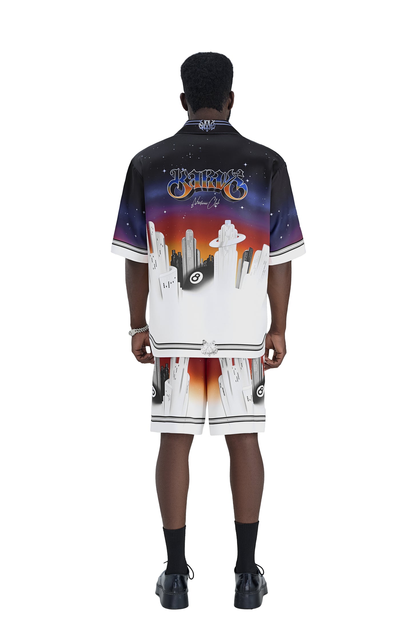 K City Silk Shorts | Premium Printed Silk Taffeta Futuristic Cityscape