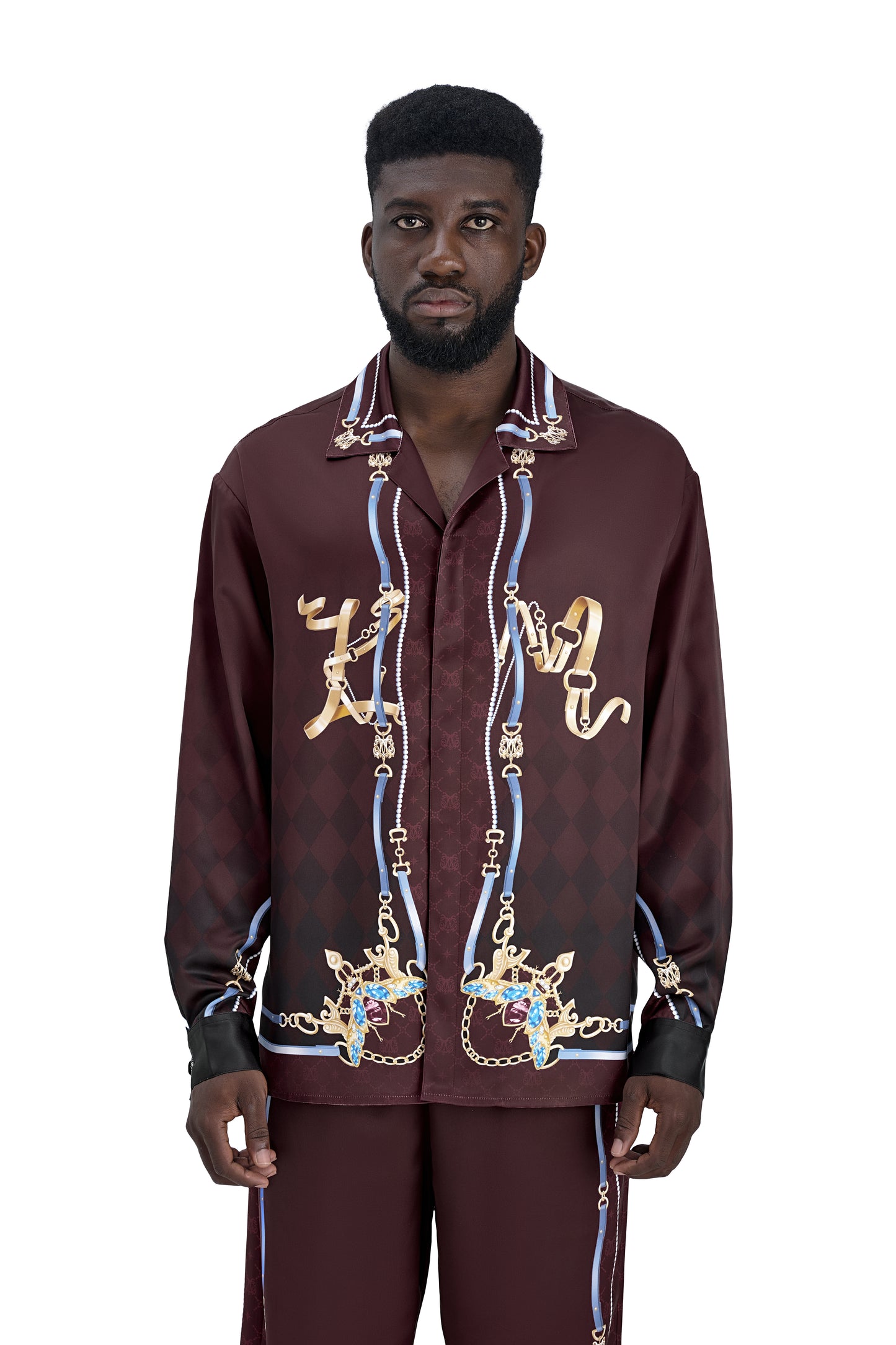 The Night Duke Long-Sleeve Silk Shirt | Designer Silk Taffeta Card Print Cuban Collar Shirt