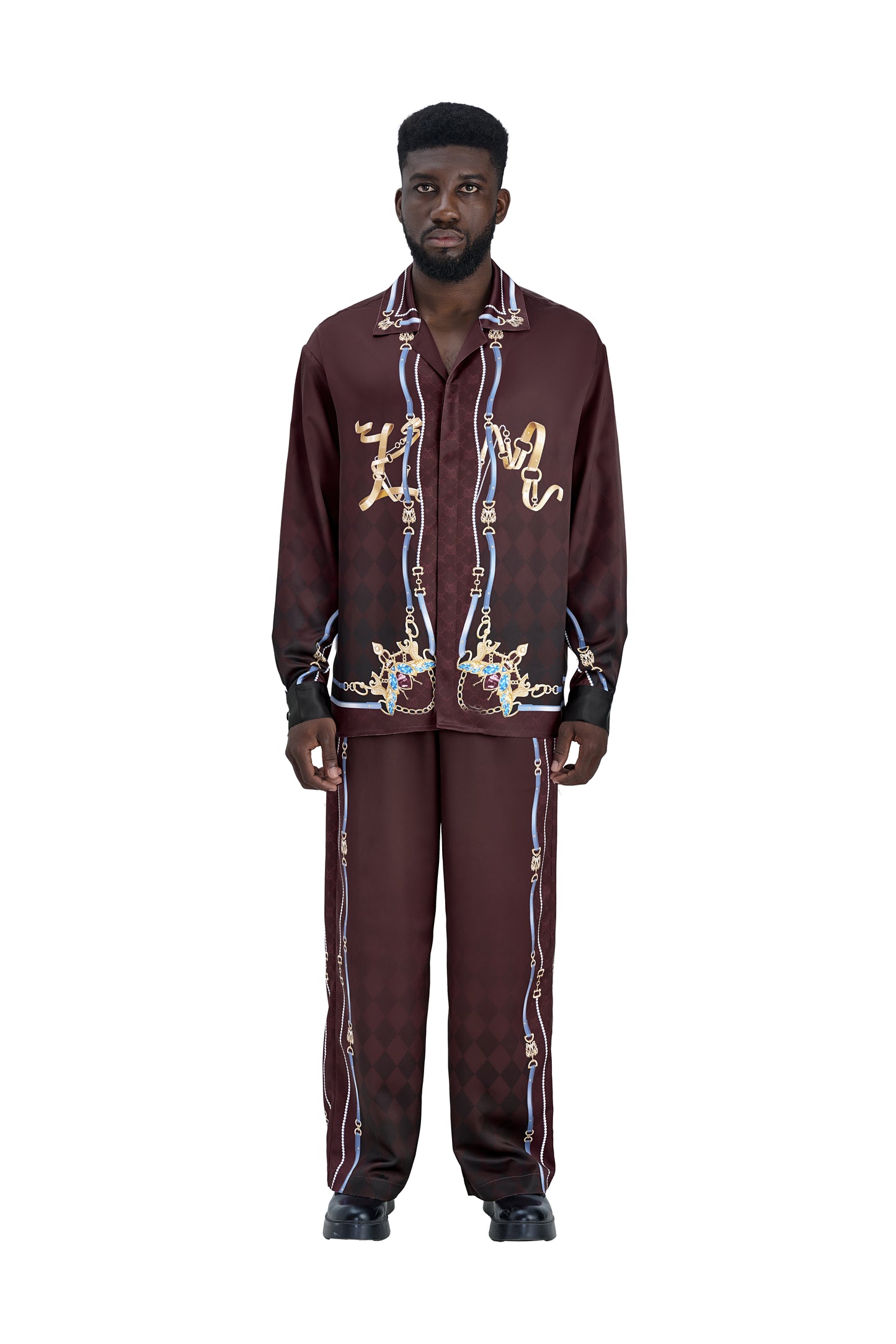 The Night Duke Silk Pants | Designer Silk Taffeta Card Print Resort Pants