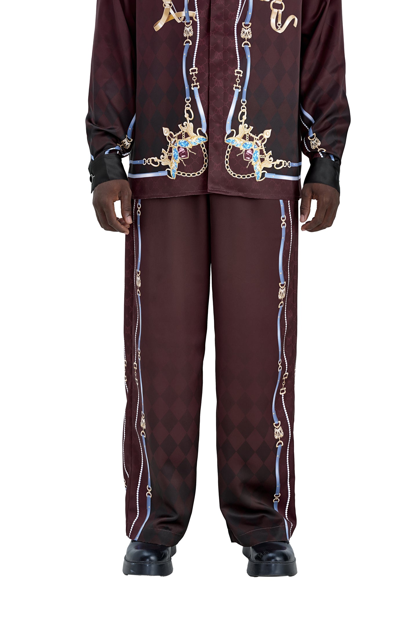 The Night Duke Silk Pants | Designer Silk Taffeta Card Print Resort Pants