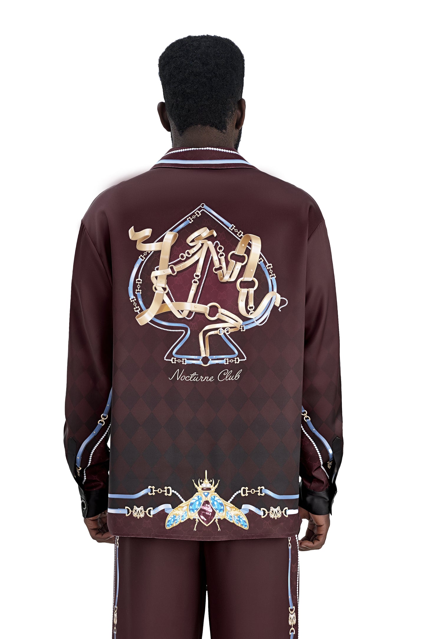 The Night Duke Long-Sleeve Silk Shirt | Designer Silk Taffeta Card Print Cuban Collar Shirt