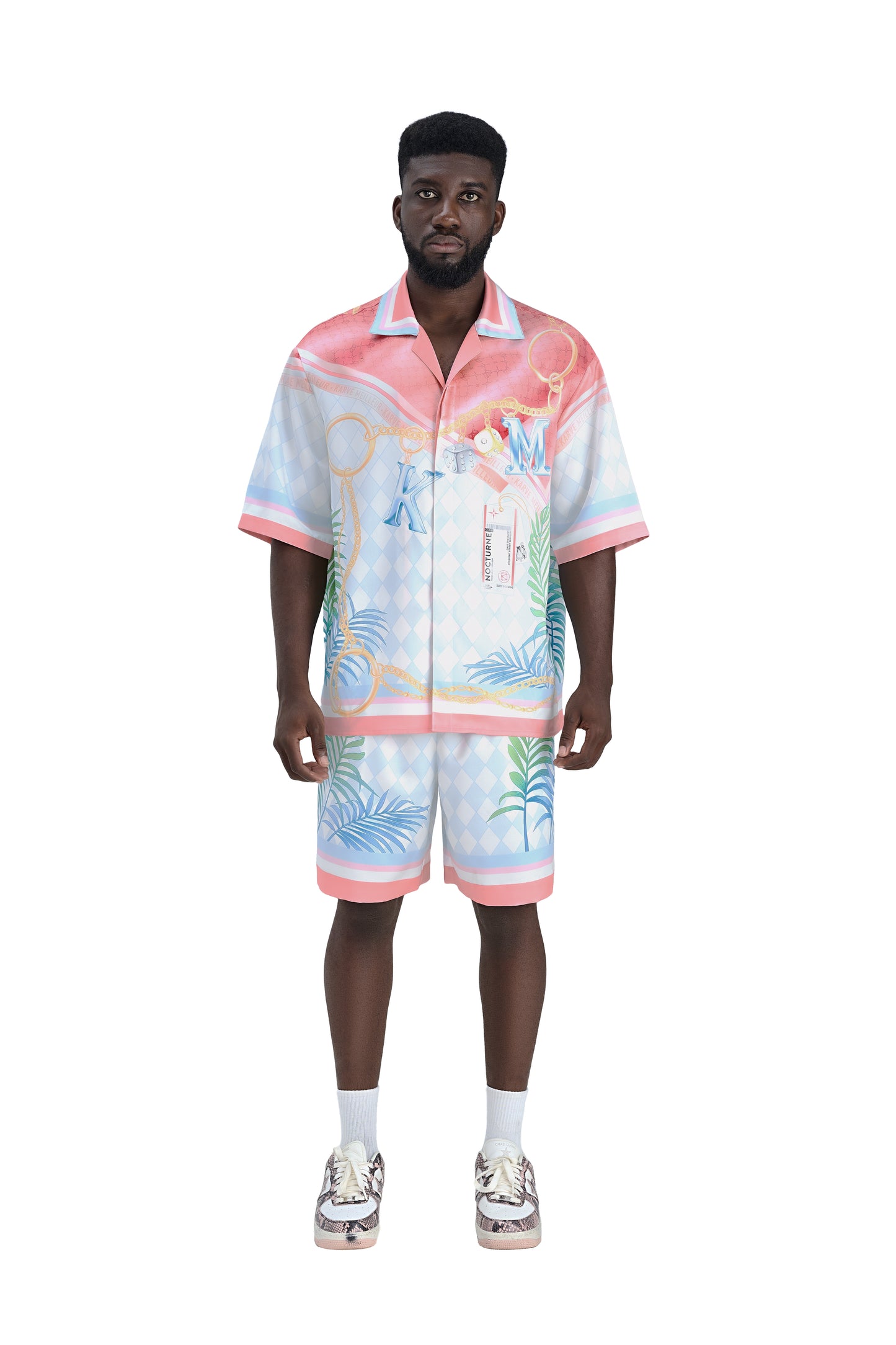 Miami Dice Silk Shirt | Printed Silk Taffeta Pastel Cuban Collar Short Sleeve Tropical Chain Monogram