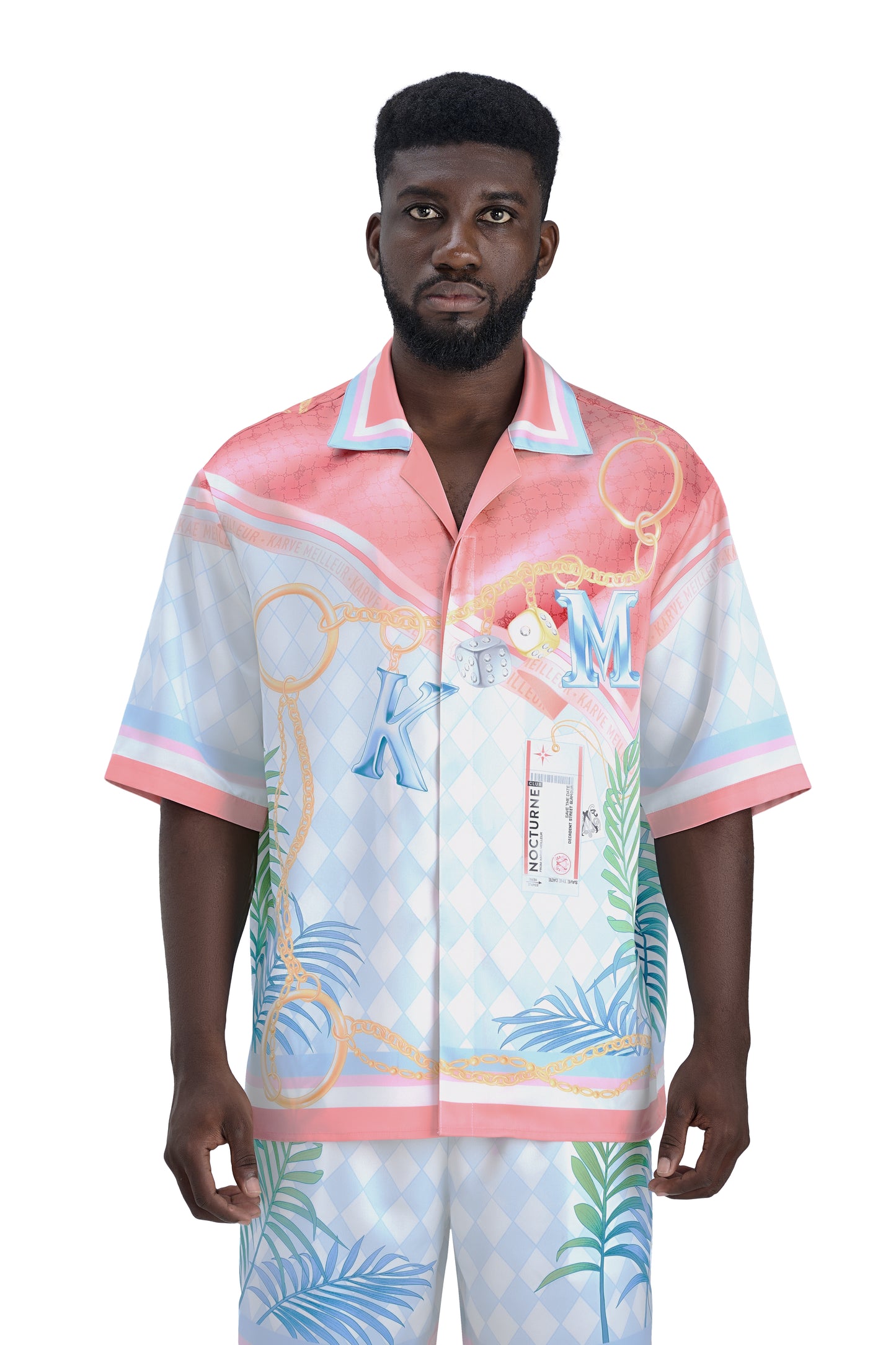 Miami Dice Silk Shirt | Printed Silk Taffeta Pastel Cuban Collar Short Sleeve Tropical Chain Monogram