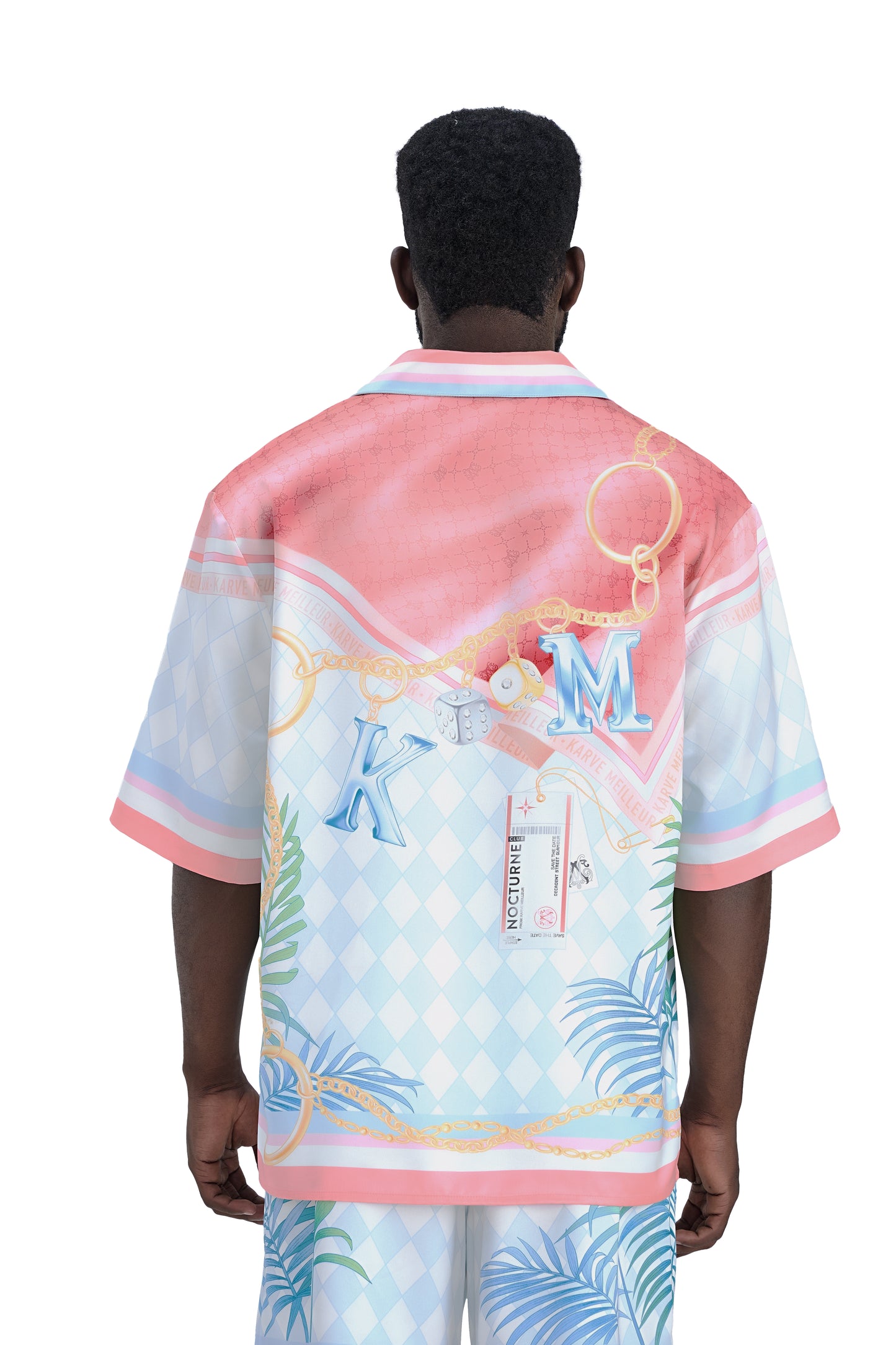 Miami Dice Silk Shirt | Printed Silk Taffeta Pastel Cuban Collar Short Sleeve Tropical Chain Monogram