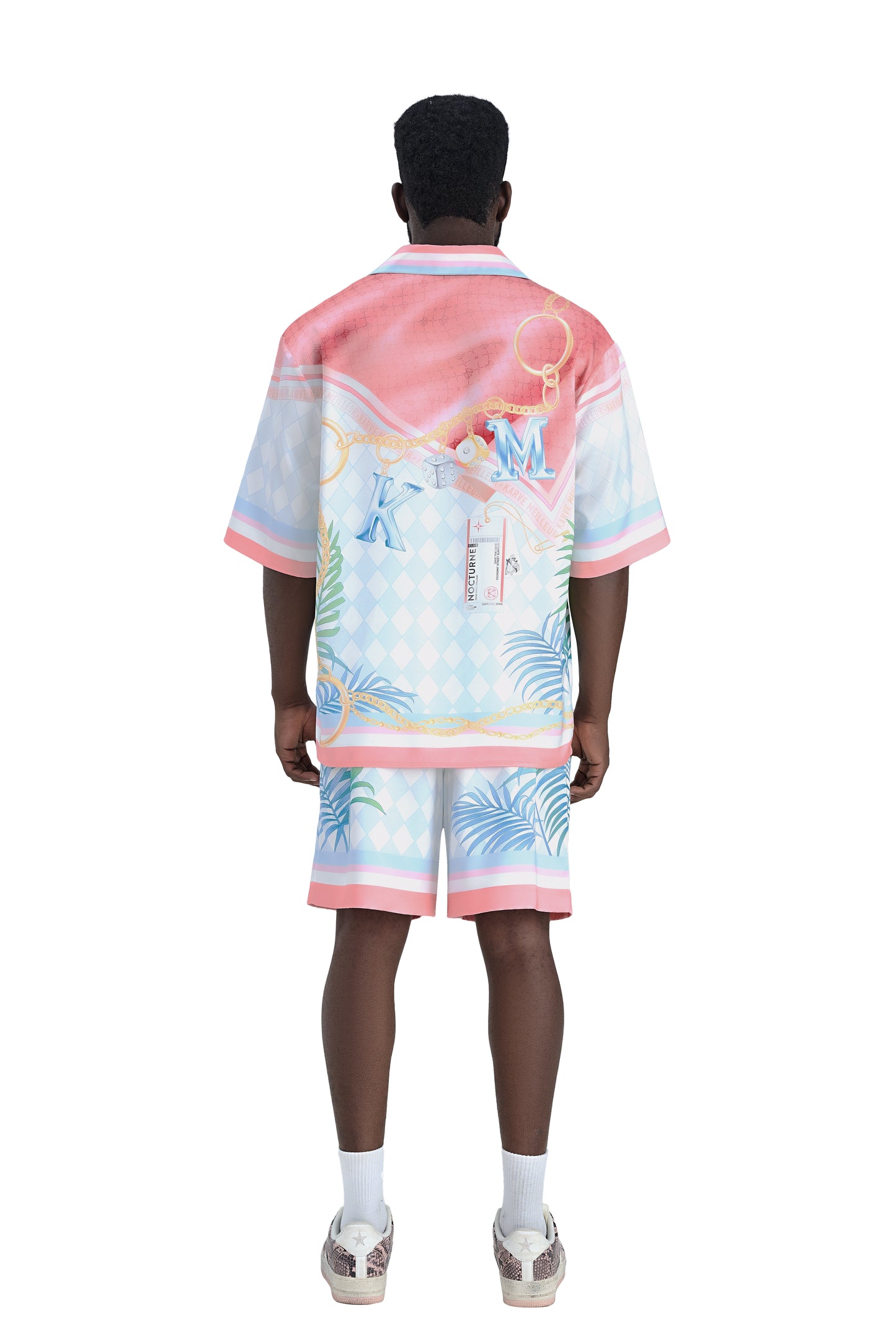 Miami Dice Silk Shirt | Printed Silk Taffeta Pastel Cuban Collar Short Sleeve Tropical Chain Monogram