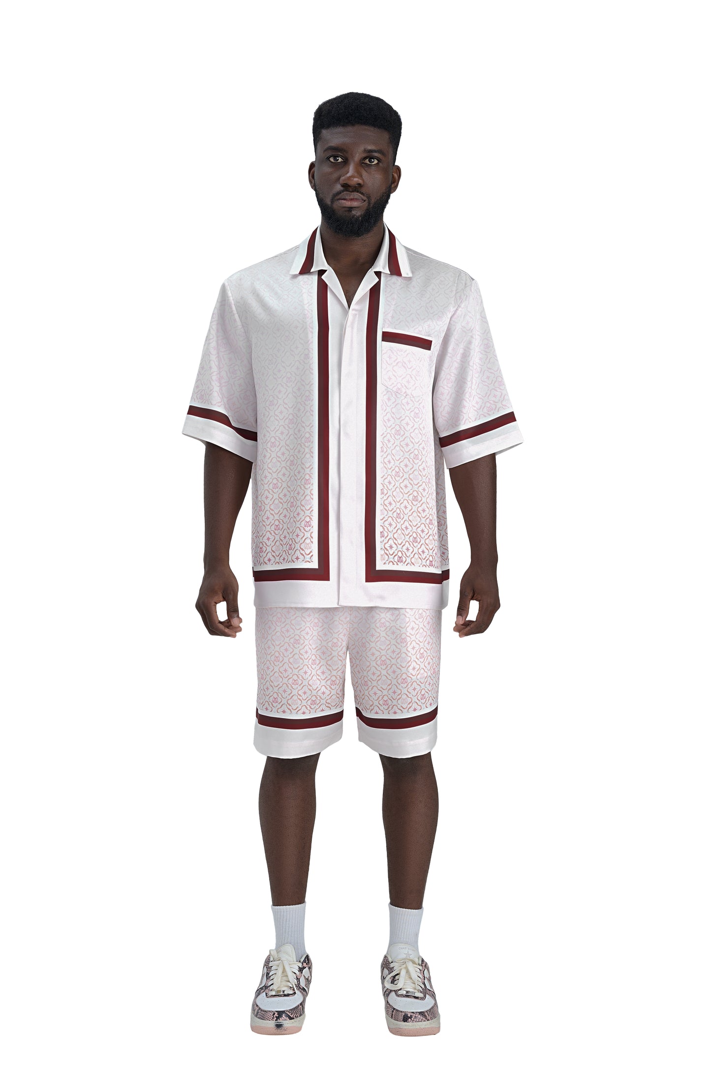 K Mania Red Silk Shorts | High-End Printed Silk Monogram Design