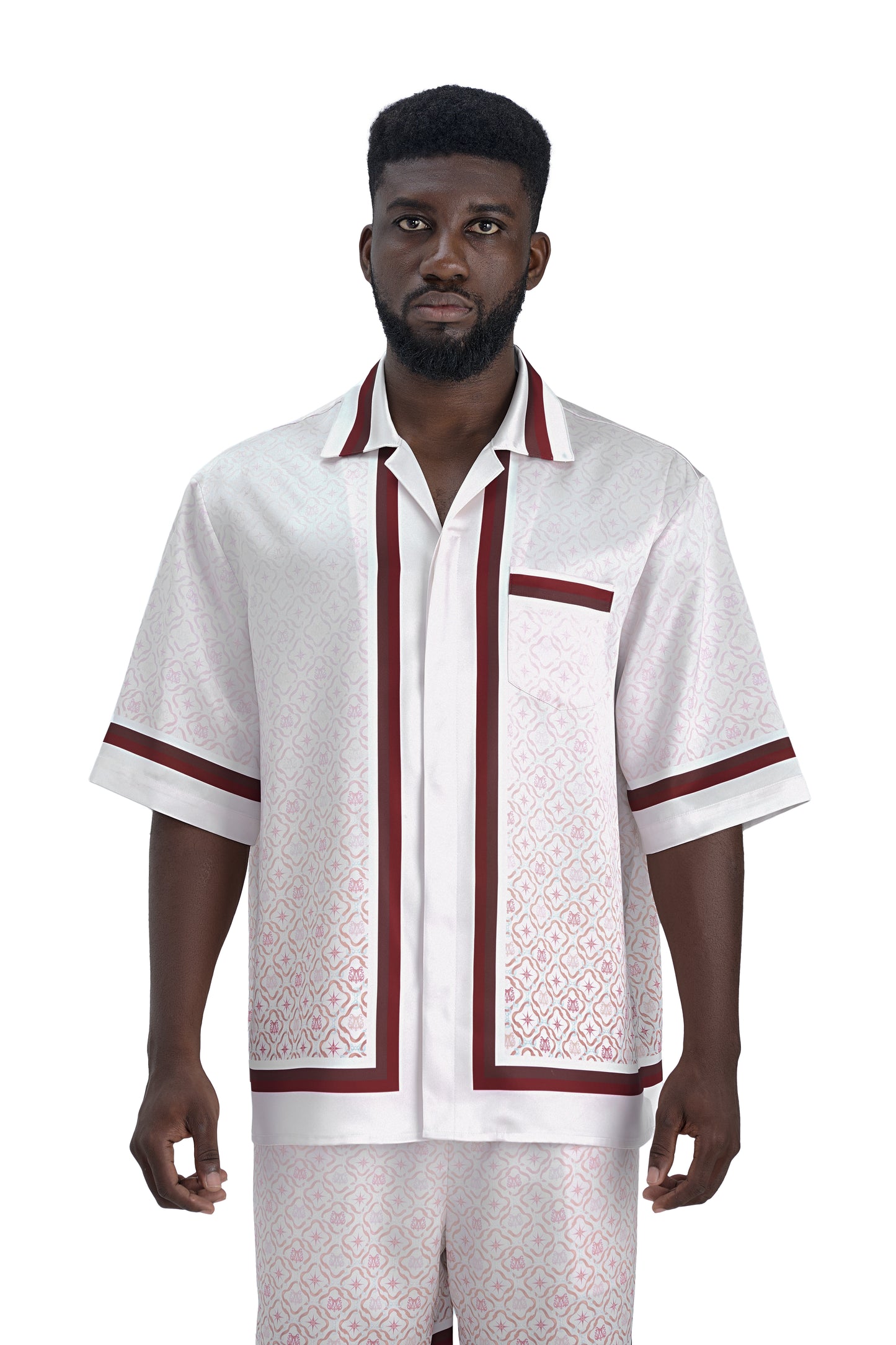 K Mania Red Silk Shirt | Printed Silk Short-Sleeve Luxury Monogram Design