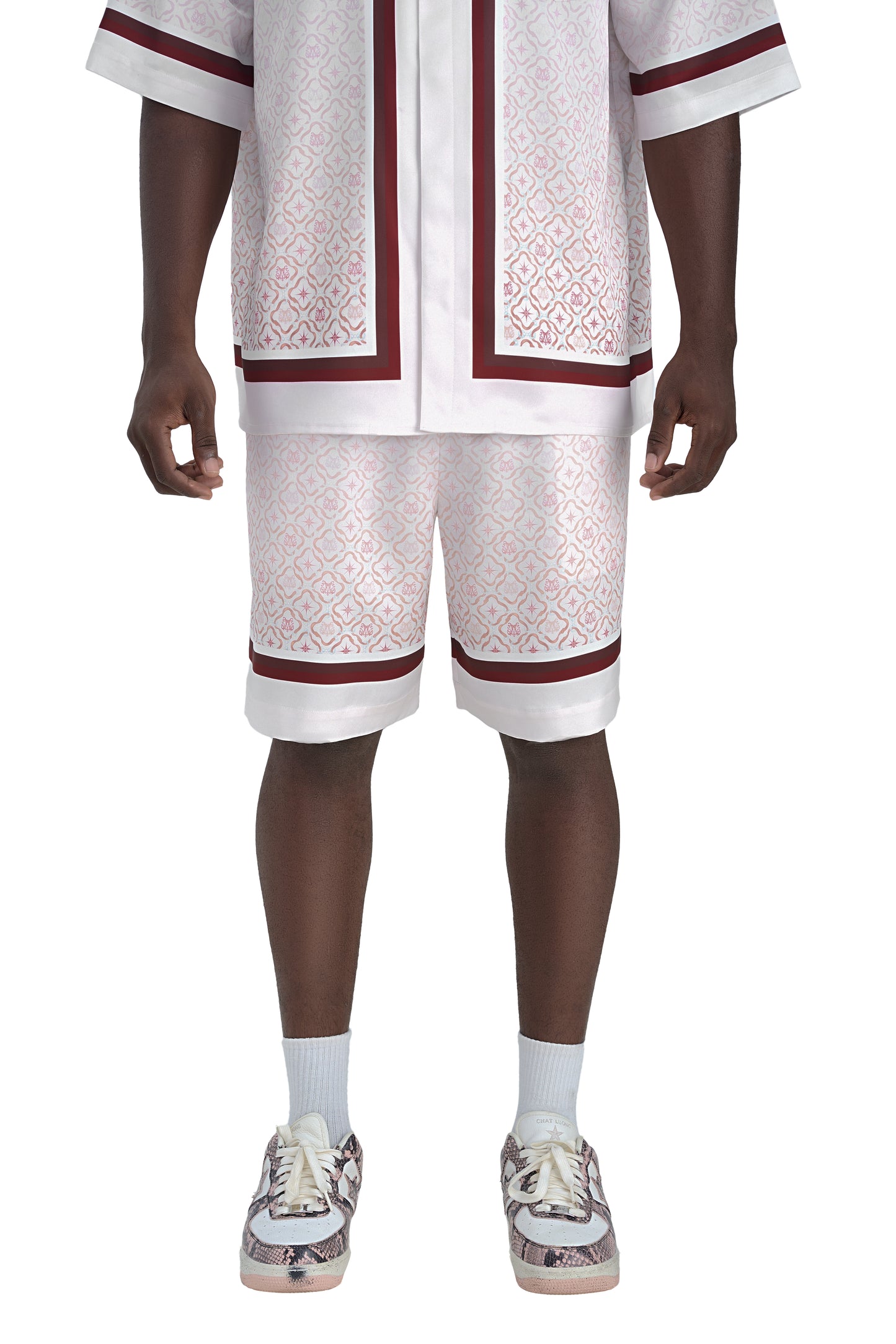 K Mania Red Silk Shorts | High-End Printed Silk Monogram Design