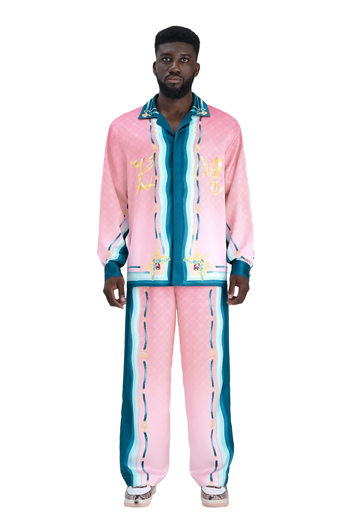 Fancy Duke Silk Pants | Decadent Printed Silk Taffeta Pants Jeweled Beetle Print