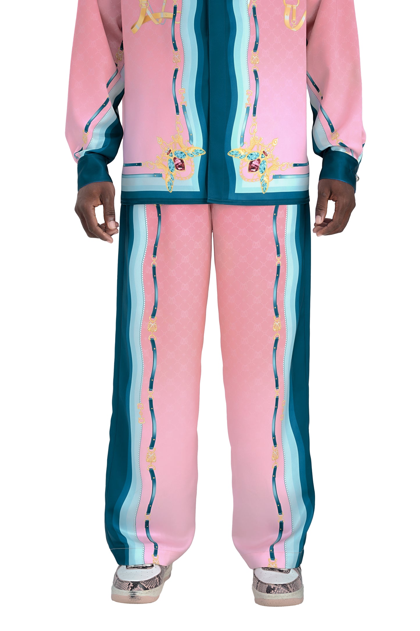 Fancy Duke Silk Pants | Decadent Printed Silk Taffeta Pants Jeweled Beetle Print