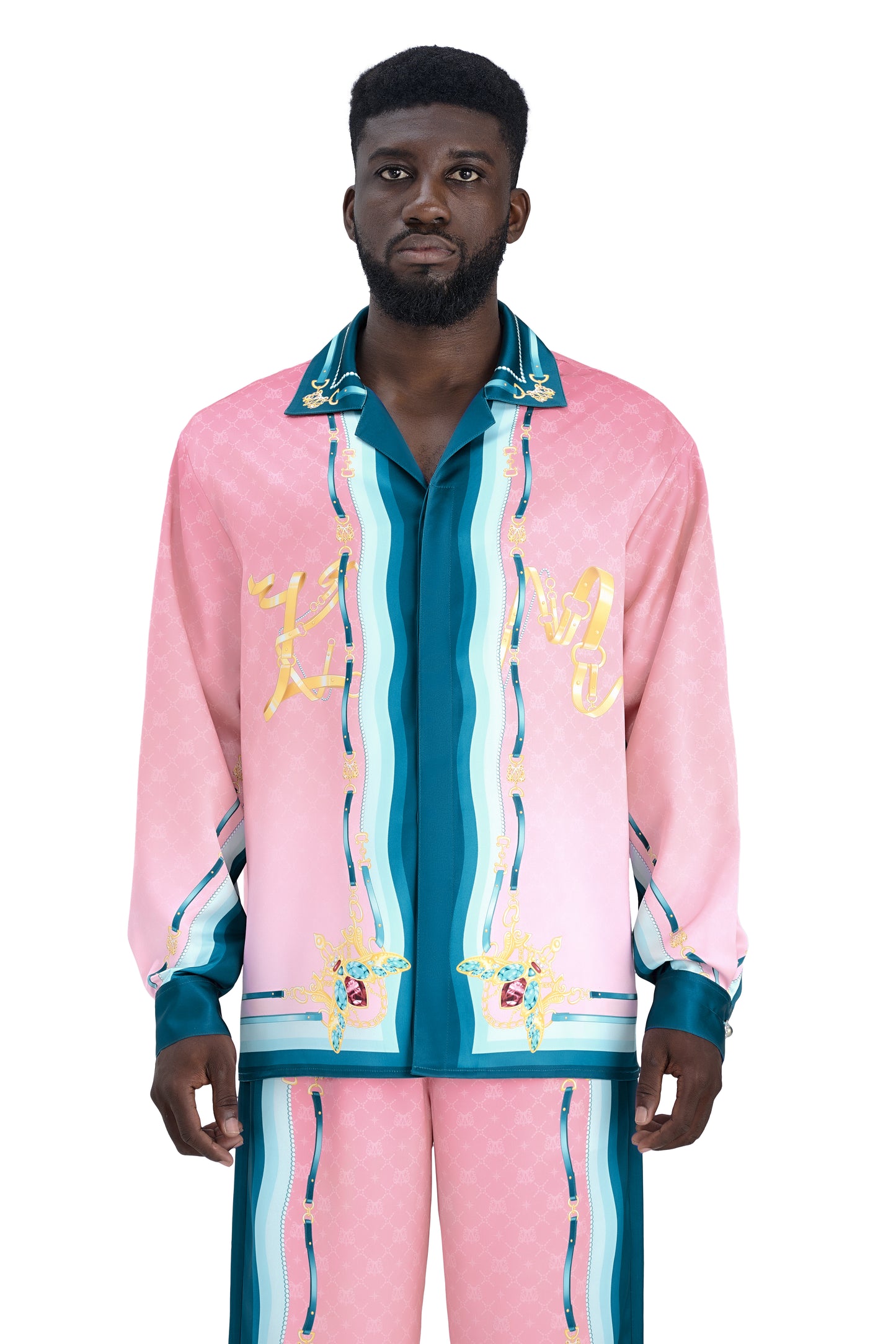 The Fancy Duke Long-Sleeve Silk Shirt | Decadent Printed Silk Taffeta Cuban Collar Jeweled Beetle