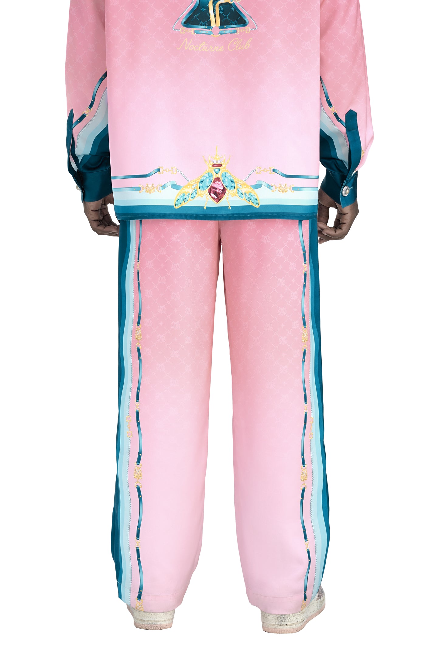Fancy Duke Silk Pants | Decadent Printed Silk Taffeta Pants Jeweled Beetle Print