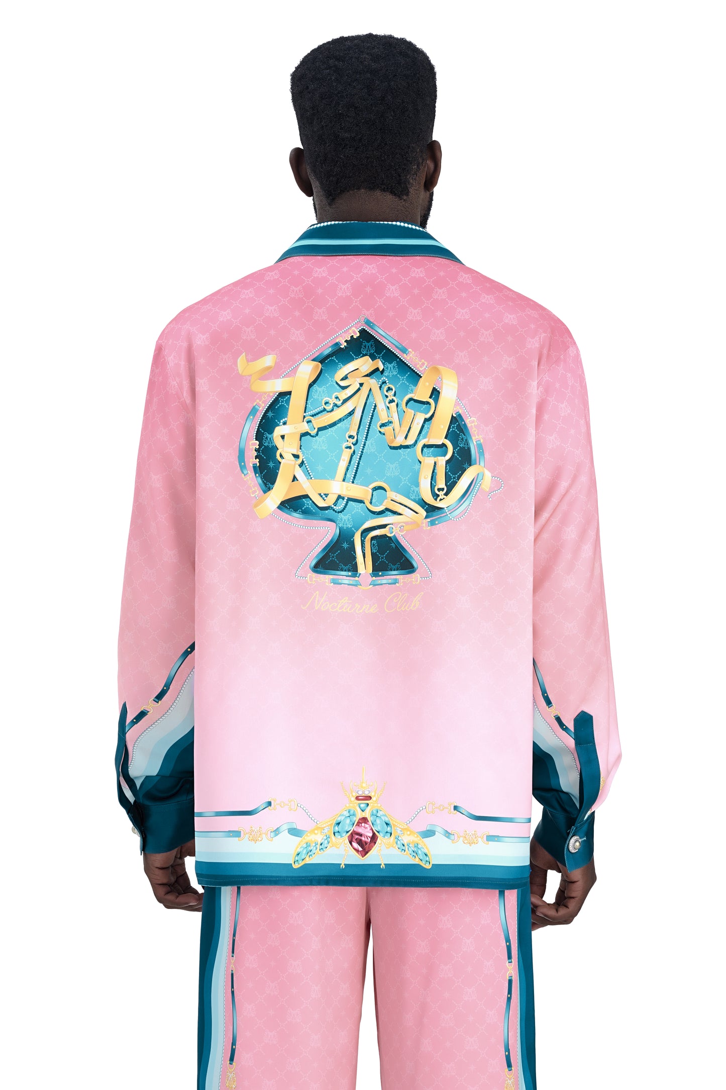 The Fancy Duke Long-Sleeve Silk Shirt | Decadent Printed Silk Taffeta Cuban Collar Jeweled Beetle