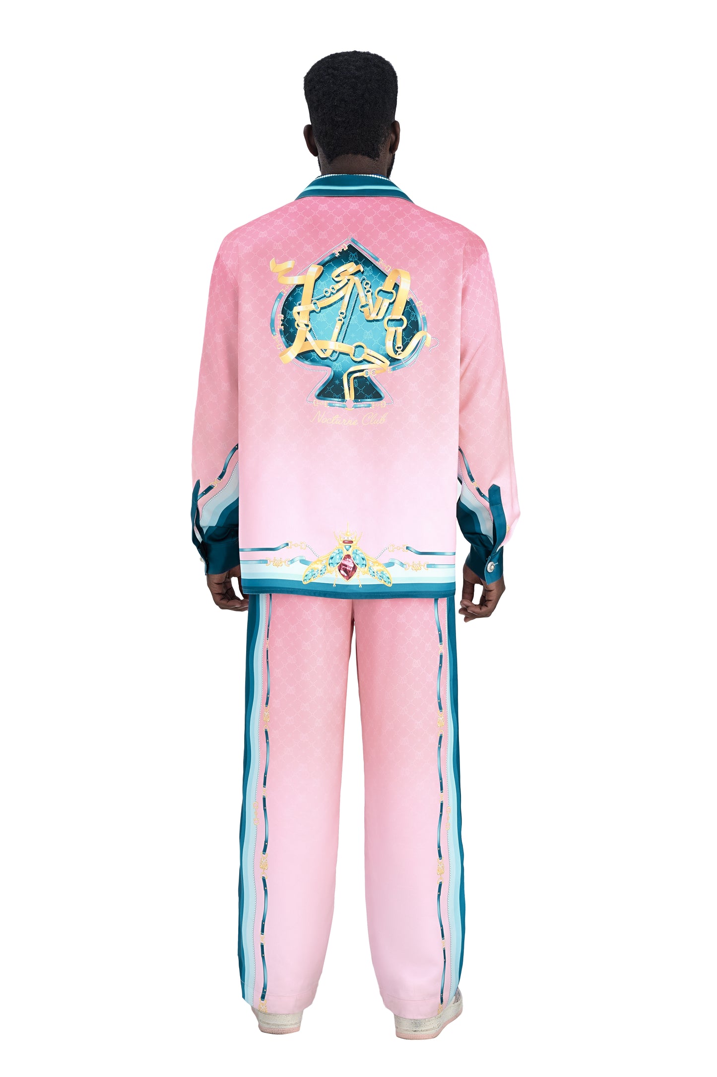 Fancy Duke Silk Pants | Decadent Printed Silk Taffeta Pants Jeweled Beetle Print