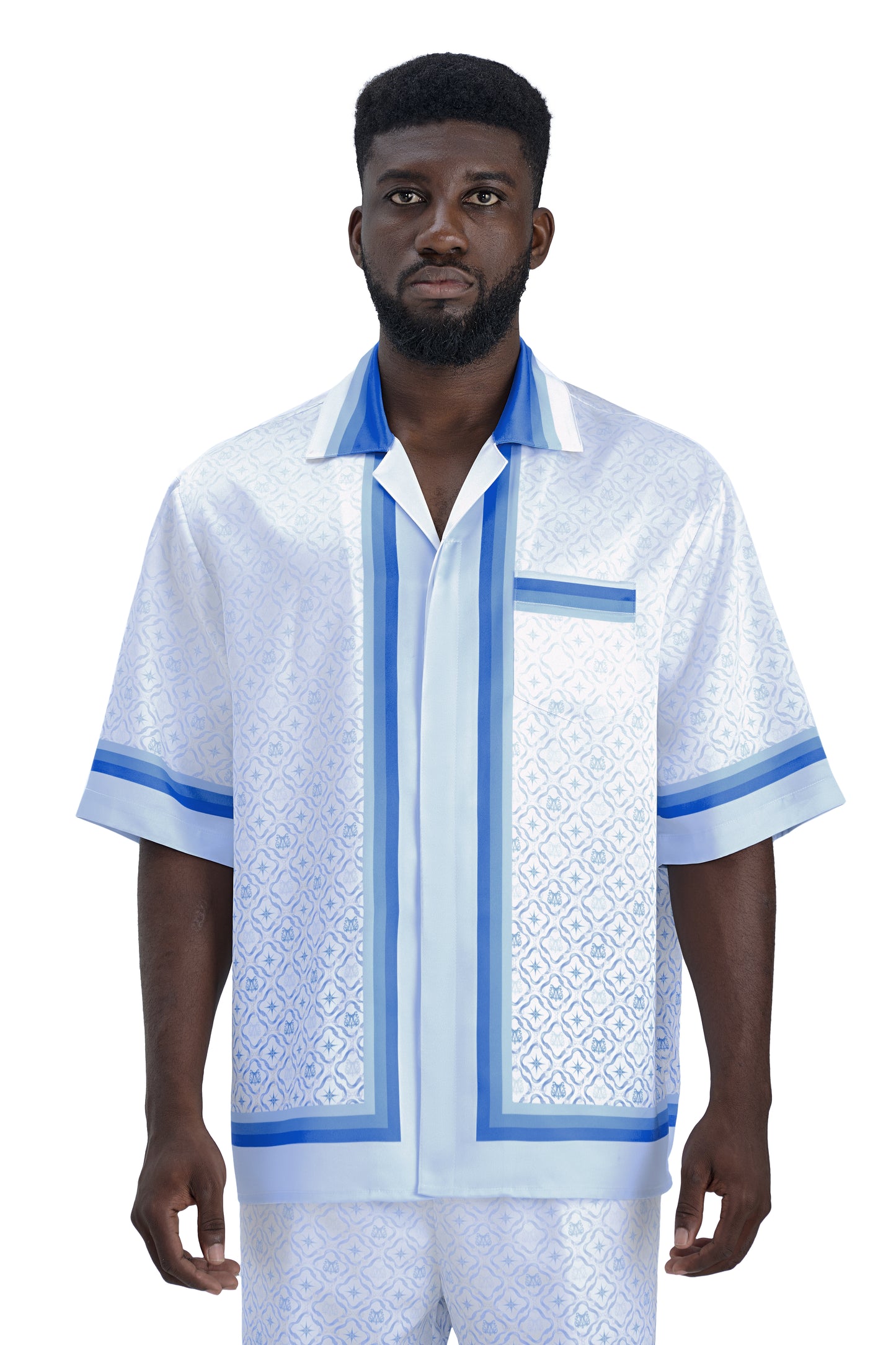 K Mania Blue Silk Shirt | Printed Silk Short-Sleeve Luxury Monogram Design