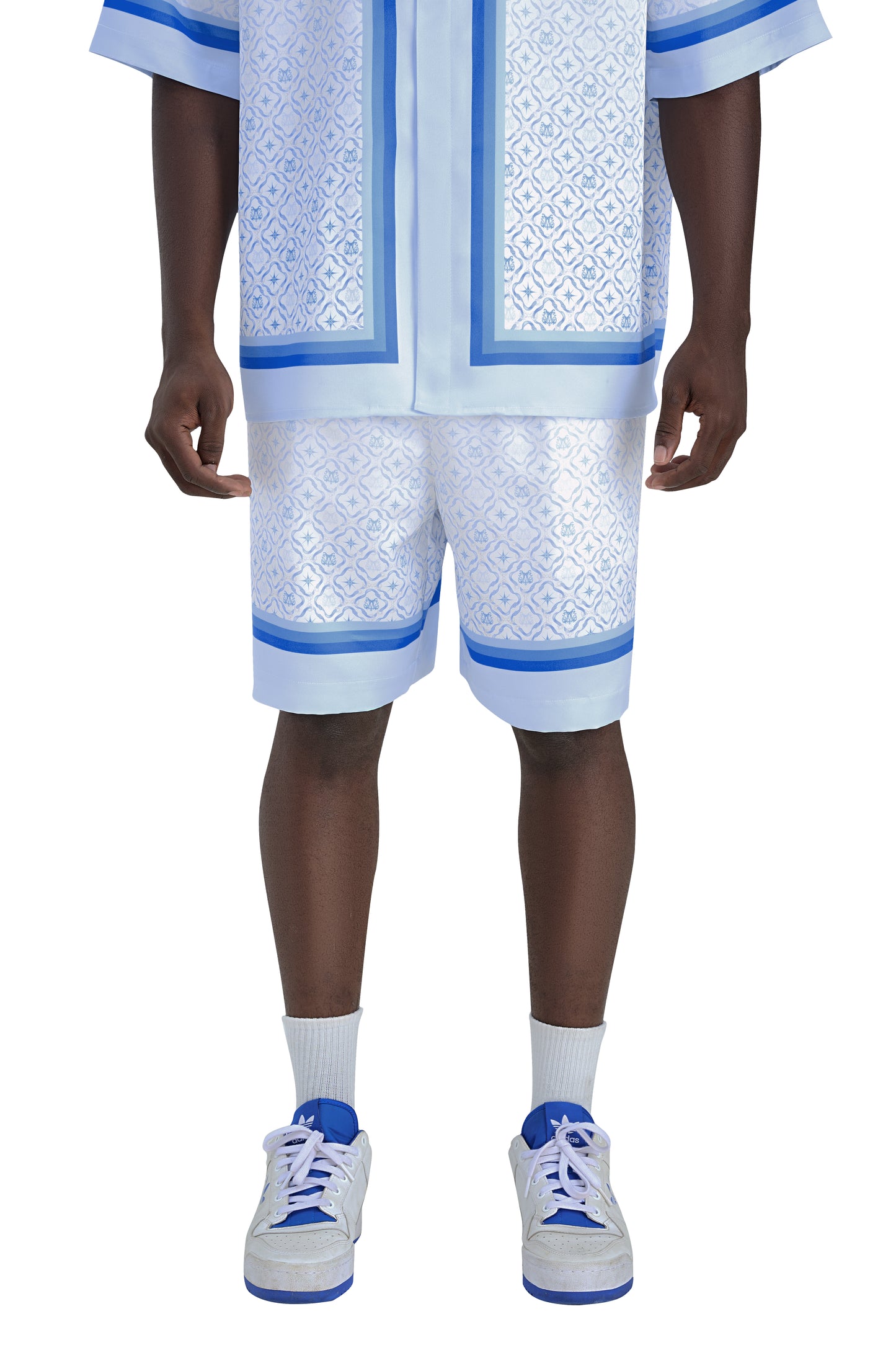 K Mania Blue Silk Shorts |  High-End Printed Silk Monogram Design
