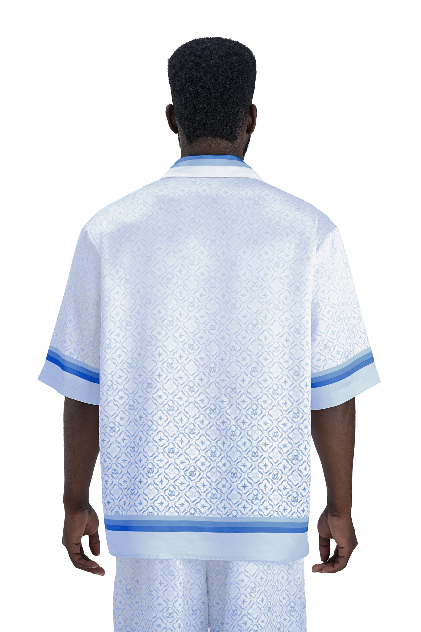 K Mania Blue Silk Shirt | Printed Silk Short-Sleeve Luxury Monogram Design