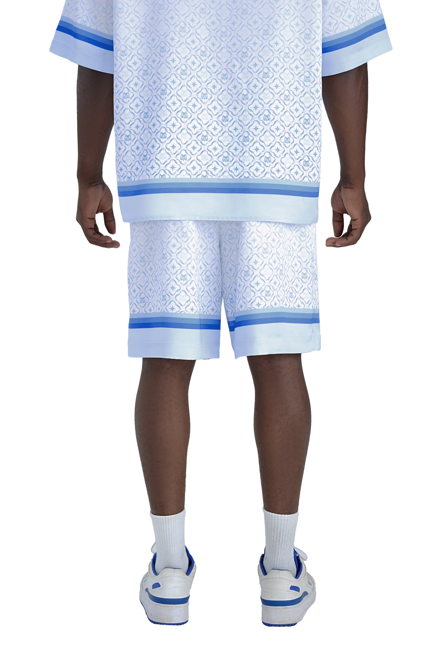 K Mania Blue Silk Shorts |  High-End Printed Silk Monogram Design