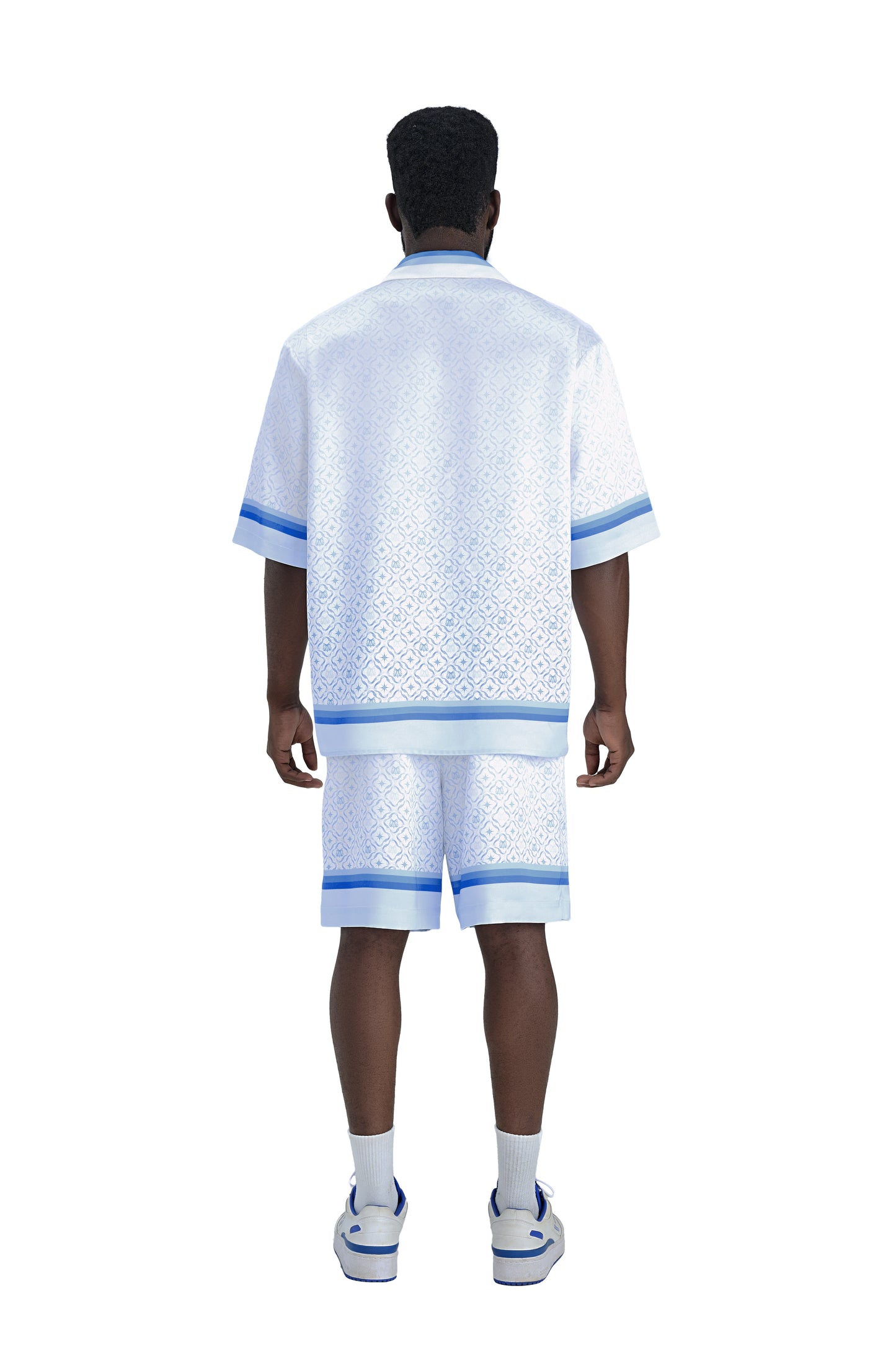 K Mania Blue Silk Shorts |  High-End Printed Silk Monogram Design
