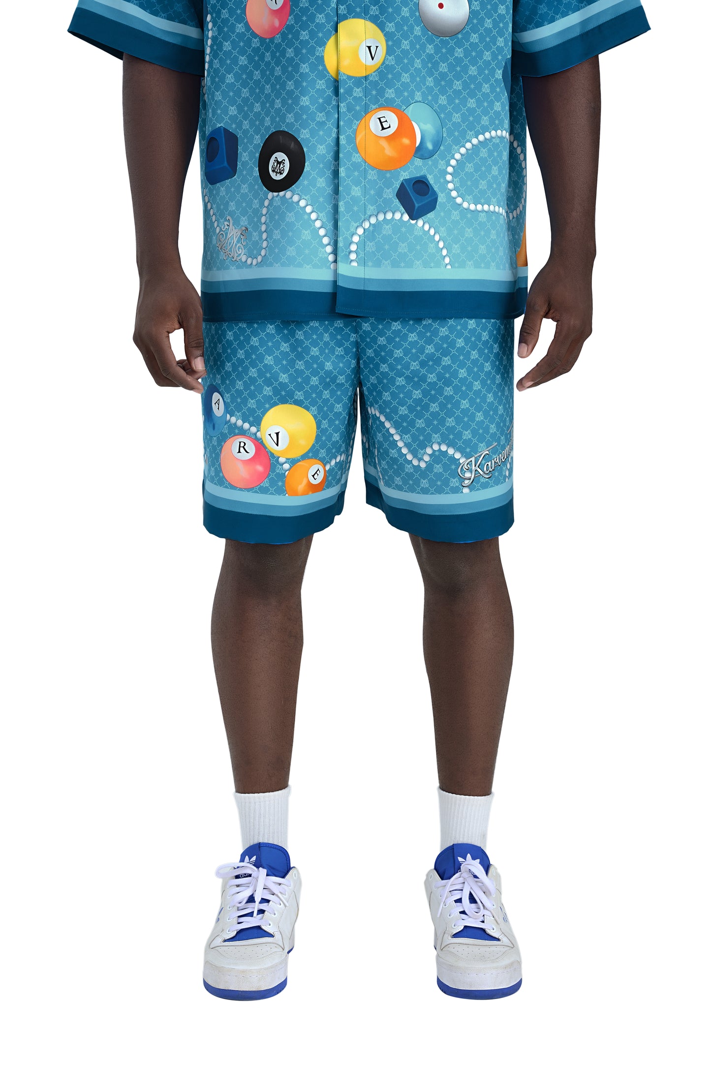 8Pools Blue Silk Shorts | Printed Silk Taffeta Relaxed Fit Nightlife Billiard Game