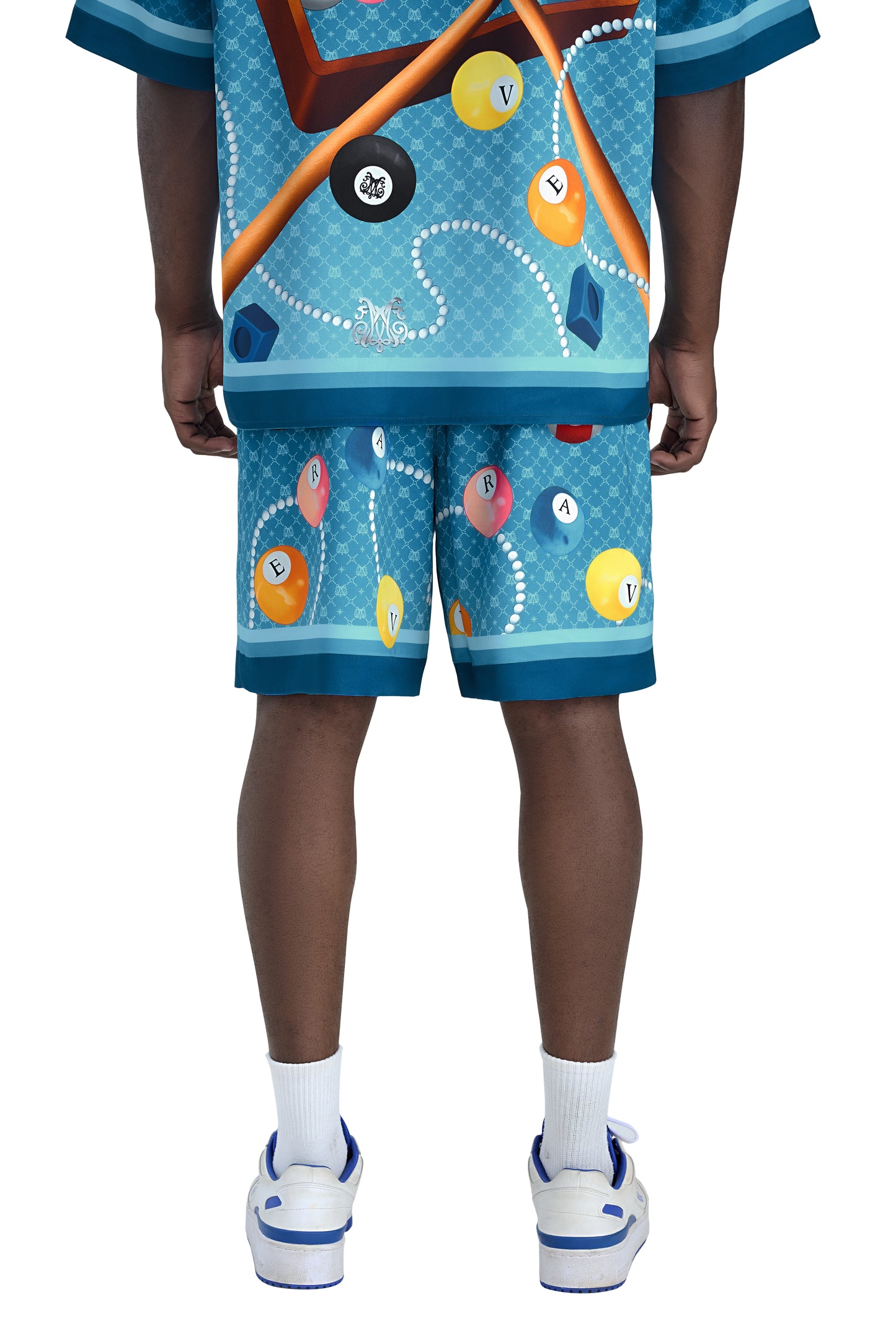 8Pools Blue Silk Shorts | Printed Silk Taffeta Relaxed Fit Nightlife Billiard Game