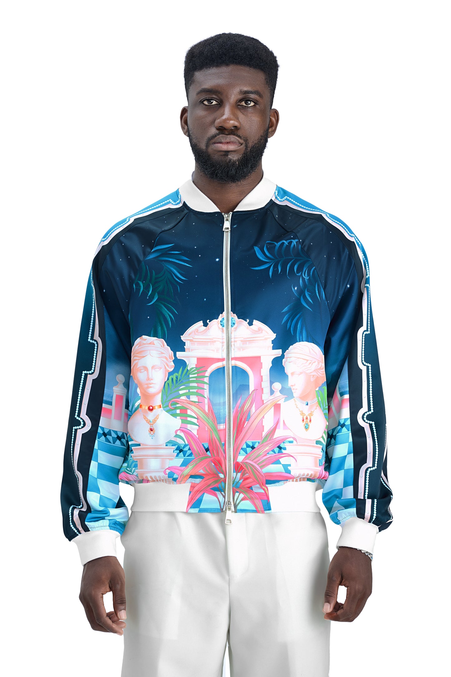 The Playa Duke Silk Bomber | Premium Printed Silk Taffeta Luxury Maximalist Tropical Baroque