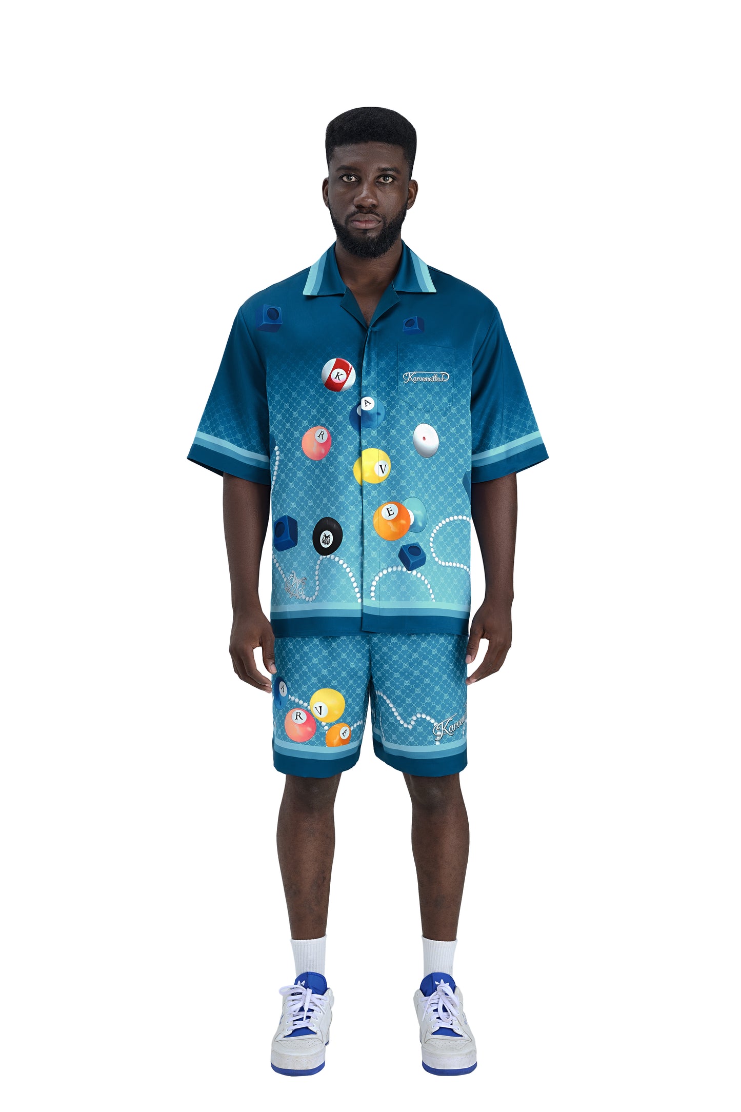 8Pools Blue Silk Shorts | Printed Silk Taffeta Relaxed Fit Nightlife Billiard Game