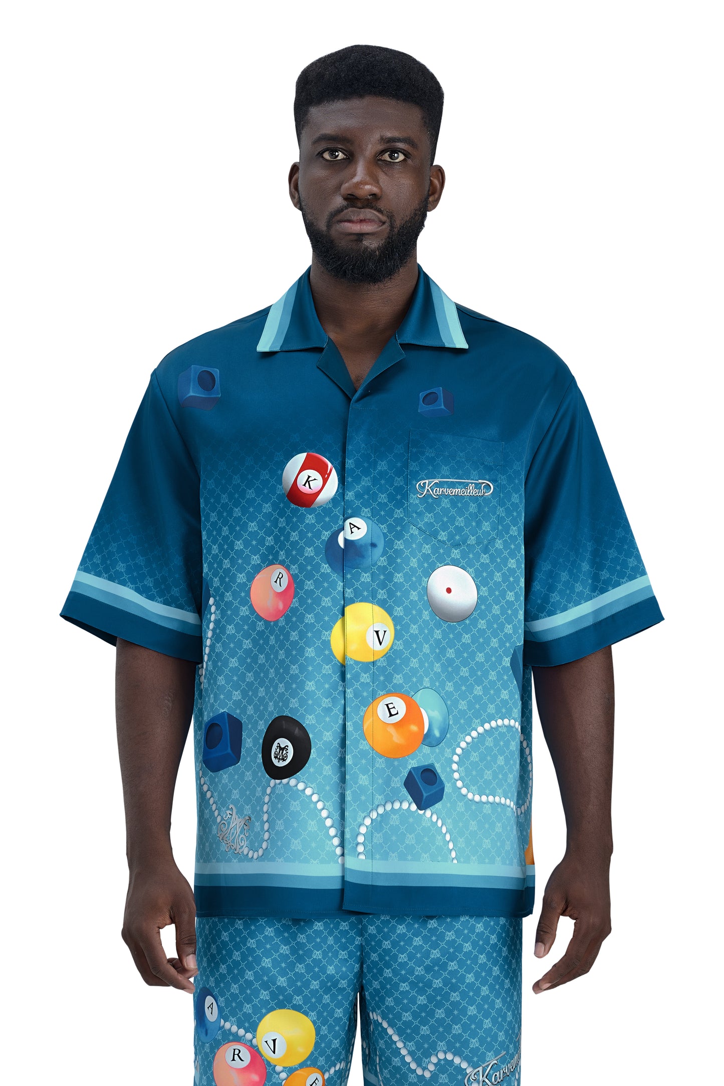 8Pools Blue Silk Shirt | Printed Silk Taffeta Cuban Collar Short Sleeve Nightlife Billiard Game