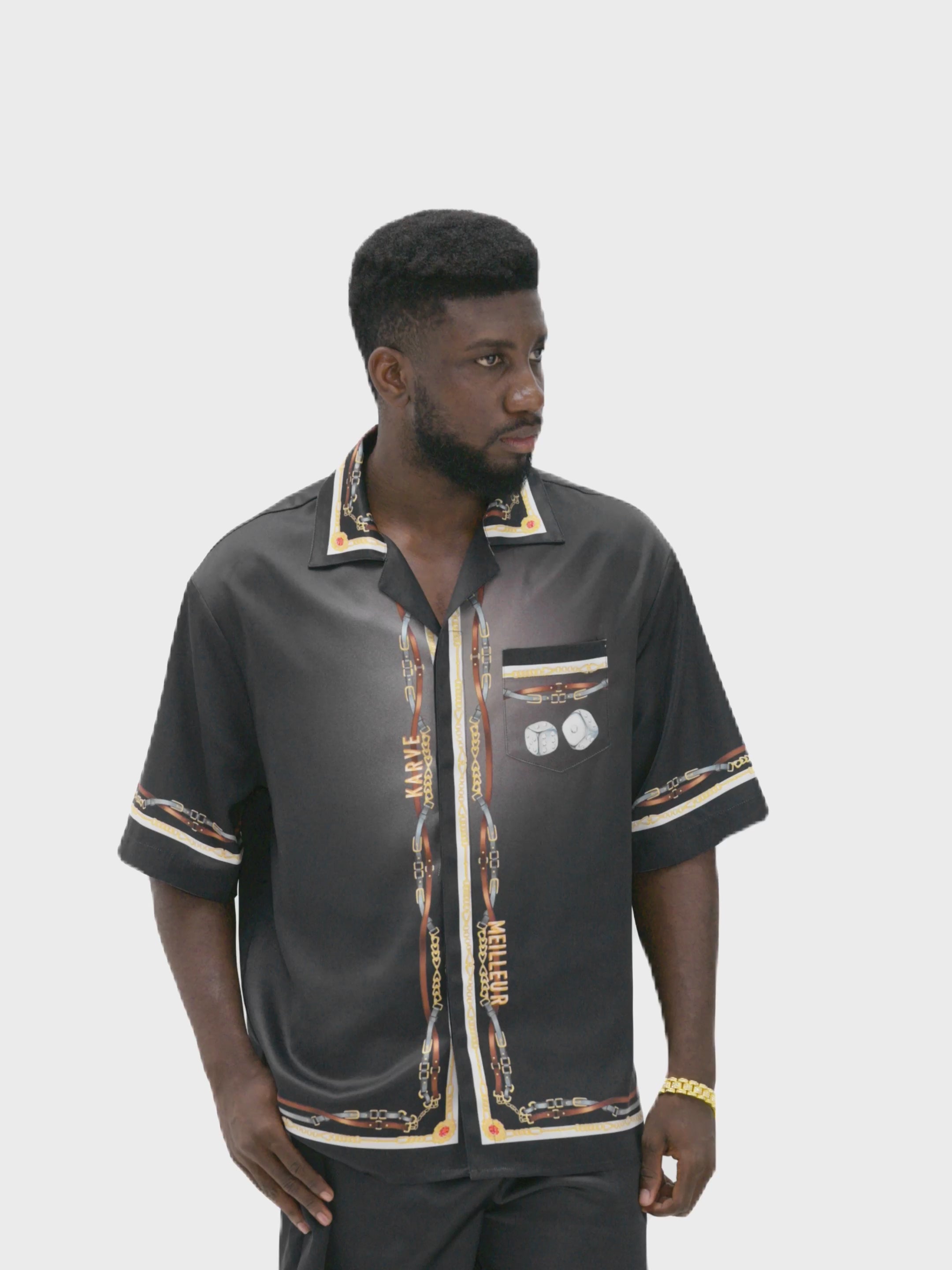 Black Ace Silk Shirt | Printed Silk Cuban Collar Short Sleeve